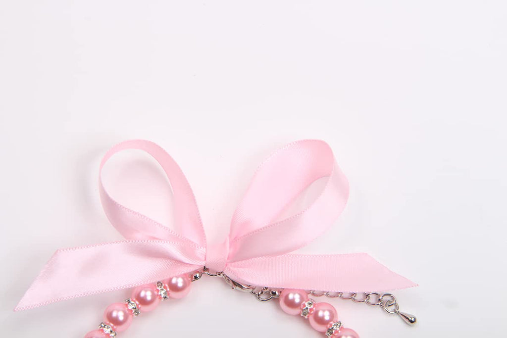 Pearls Necklace Collar with Ribbon Bow Pet Jewelry Pink W12438