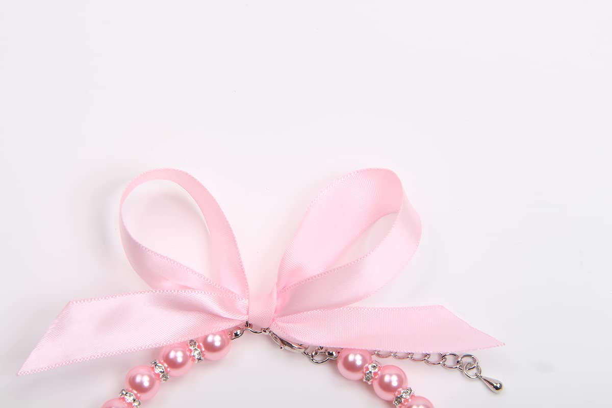 Pearls Necklace Collar with Ribbon Bow Pet Jewelry Pink W12438