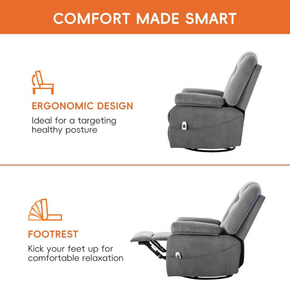 Velvet Grey Power Swivel Rocker Recliner with Massage and Heat W568