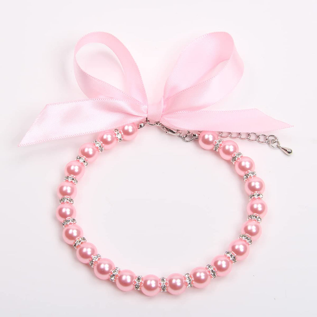 Pearls Necklace Collar with Ribbon Bow Pet Jewelry Pink W12438