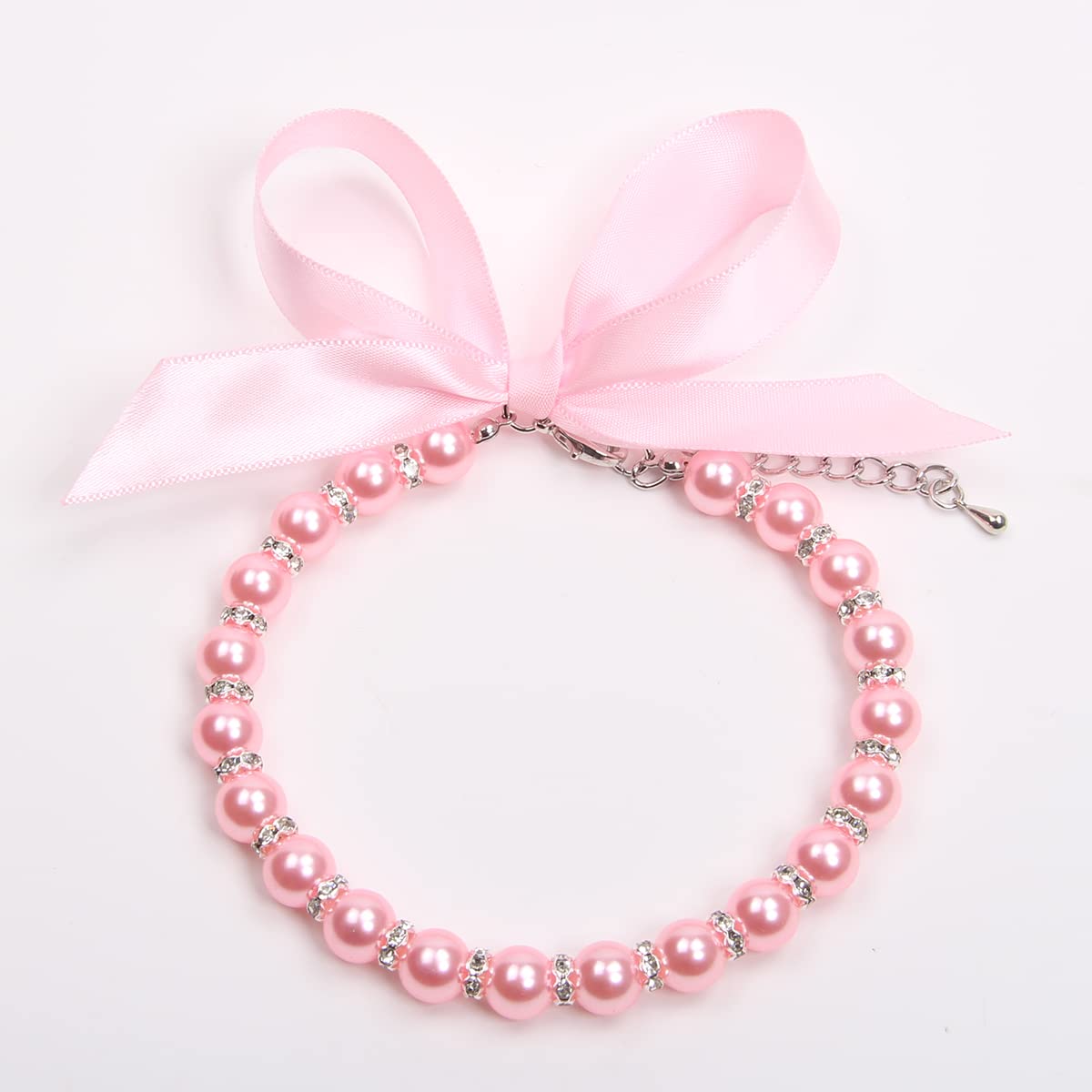 Pearls Necklace Collar with Ribbon Bow Pet Jewelry Pink W12438