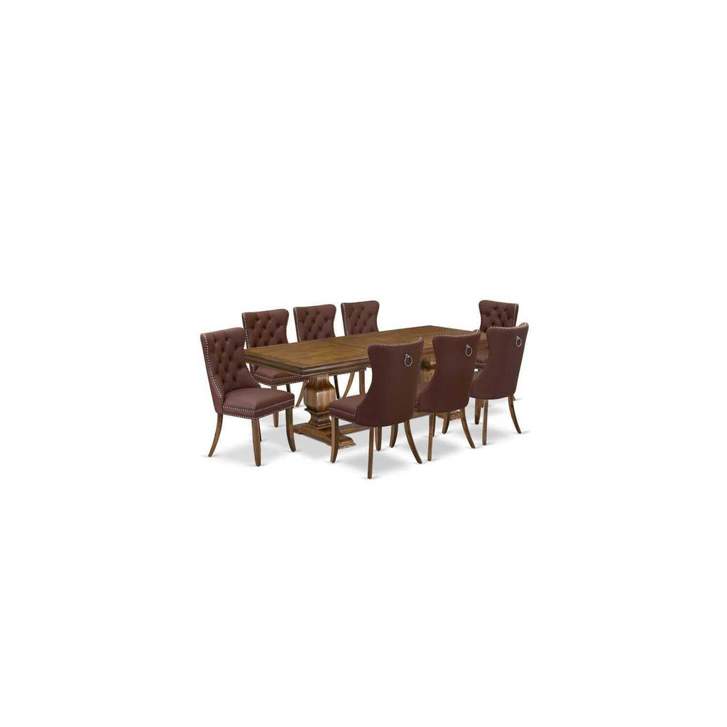 9 Piece Mid Century Dining Table Set with 8 Burgundy Faux Leather Chairs H89816