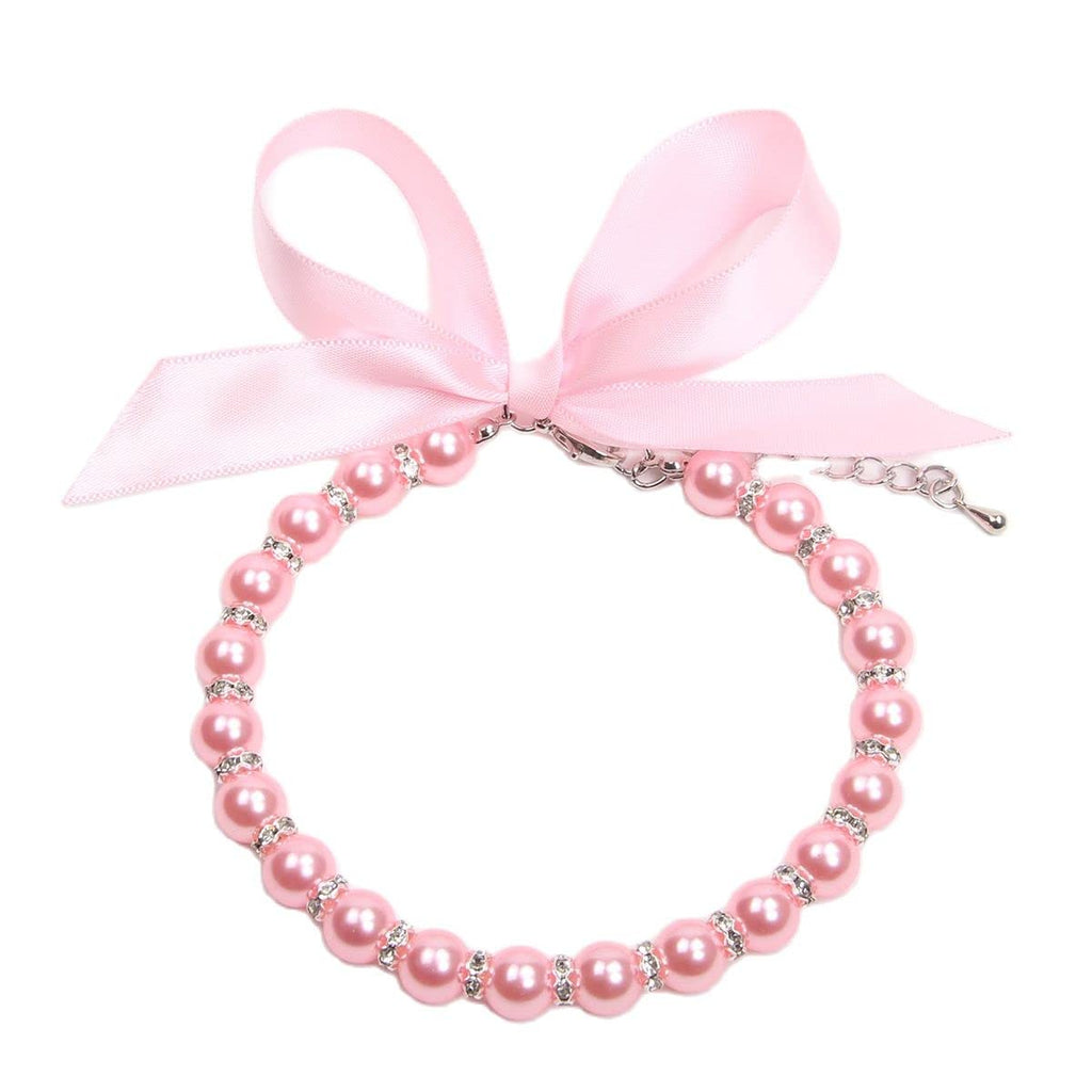 Pearls Necklace Collar with Ribbon Bow Pet Jewelry Pink W12438