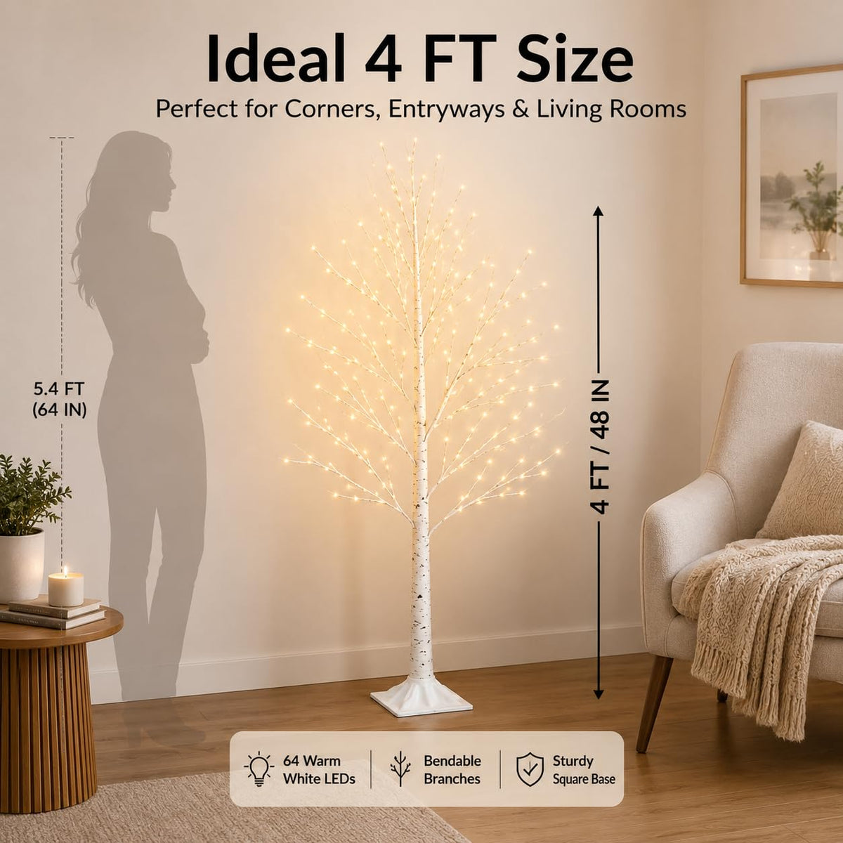 4FT 64 LEDs Birch Tree with Lights K830