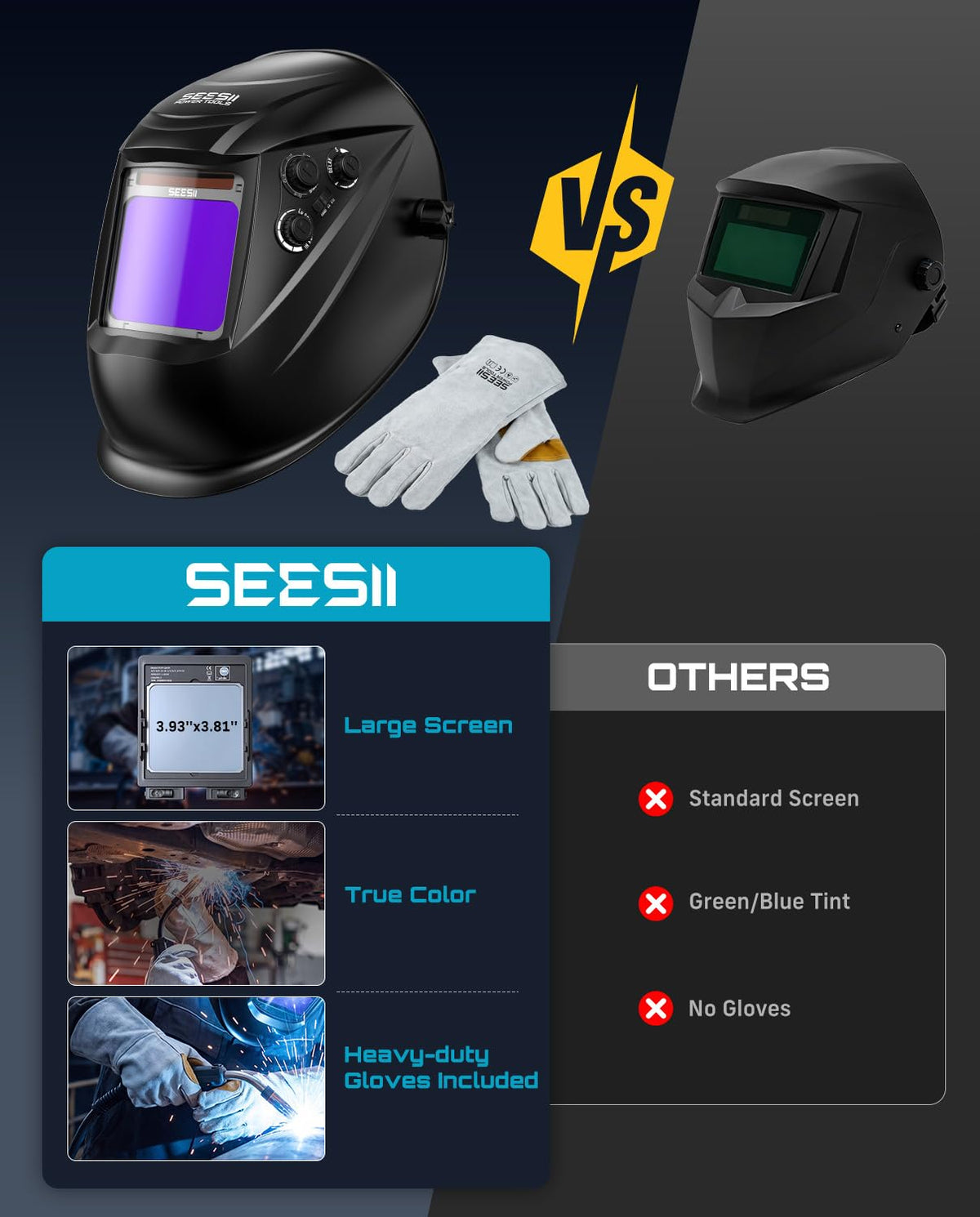 Large View Auto Darkening Welding Helmet with Welding Gloves Q55933
