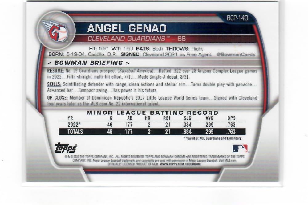 2023 Bowman Chrome Mega Box Prospects Mojo Refractor Purple #BCP-140 Angel Genao 1st Bowman /250 Cleveland Guardians Baseball NM-MT V675