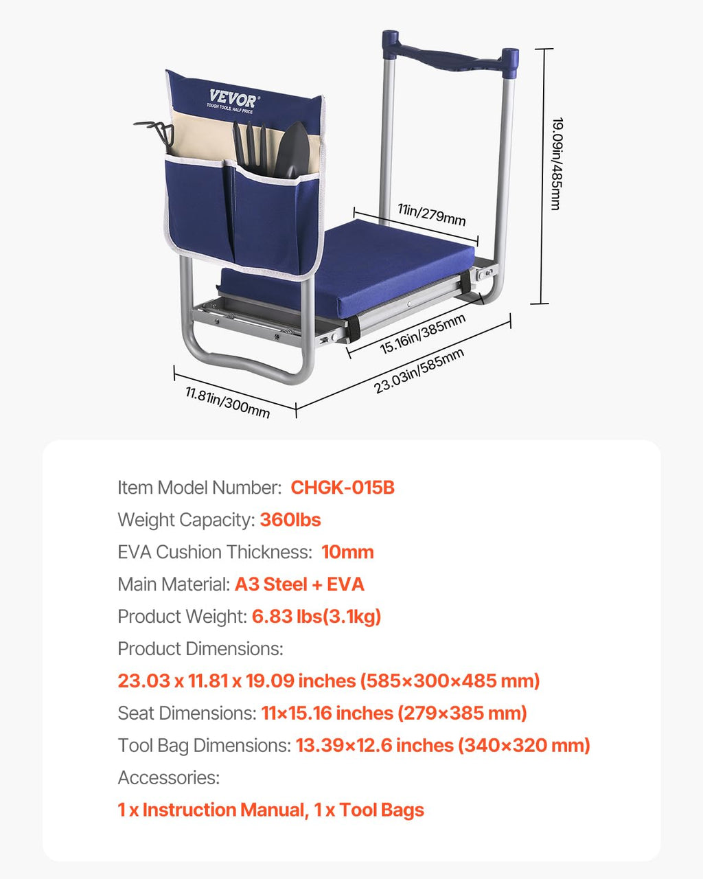 Folding Garden Kneeler and Seat with Tool Bags L7516