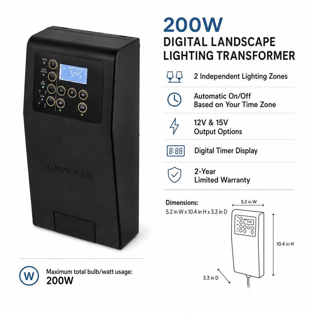 200W Low Voltage Landscape Lighting Transformer Black P3990
