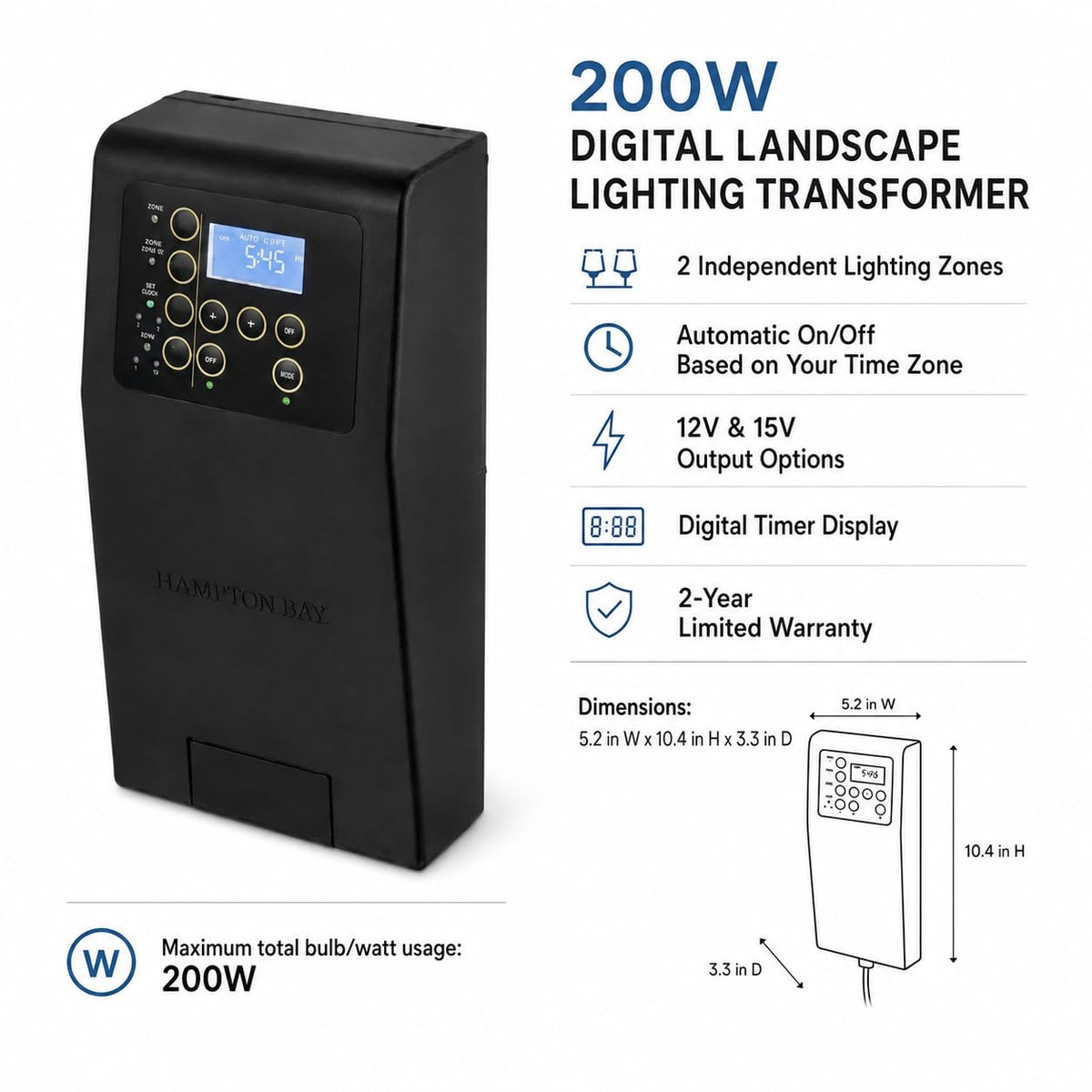 200W Low Voltage Landscape Lighting Transformer Black P3990