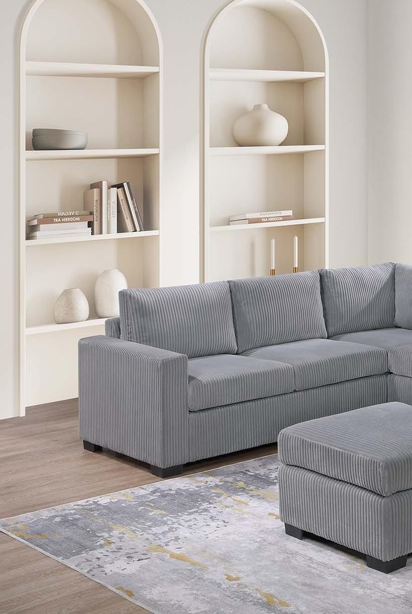 Light Gray Corduroy Upholstered Sectional Sofa Set U5583