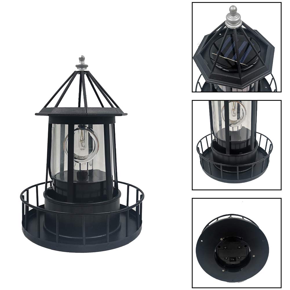 Black Solar Lighthouse Rotating Light IP65 Waterproof Outdoor LED Decor S758