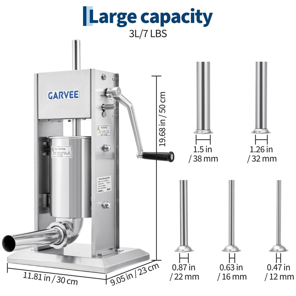 3L Stainless Steel Manual Sausage Stuffer with 5 Filling Tubes S16533