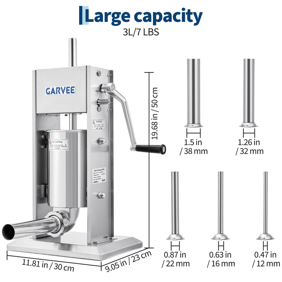 3L Stainless Steel Manual Sausage Stuffer with 5 Filling Tubes S16533