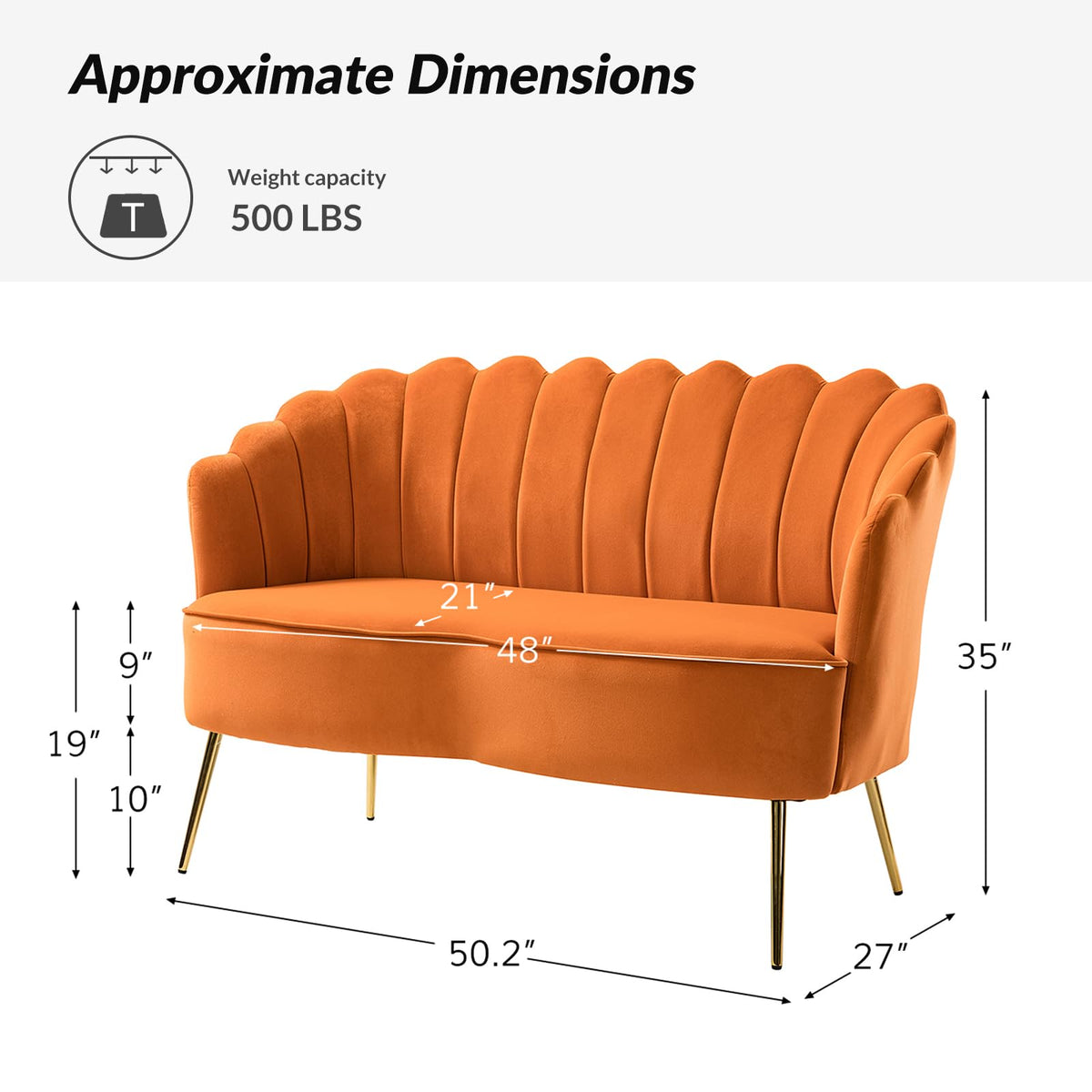 Orange Velvet 2-Seater Loveseat Sofa with Gold Metal Legs M209