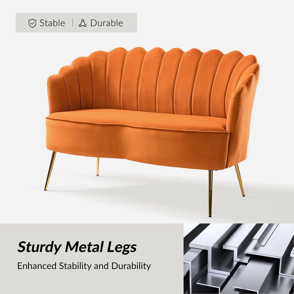 Orange Velvet 2-Seater Loveseat Sofa with Gold Metal Legs M209