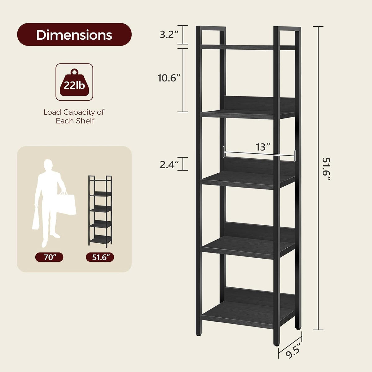 5-Tier Black Bookshelf X297