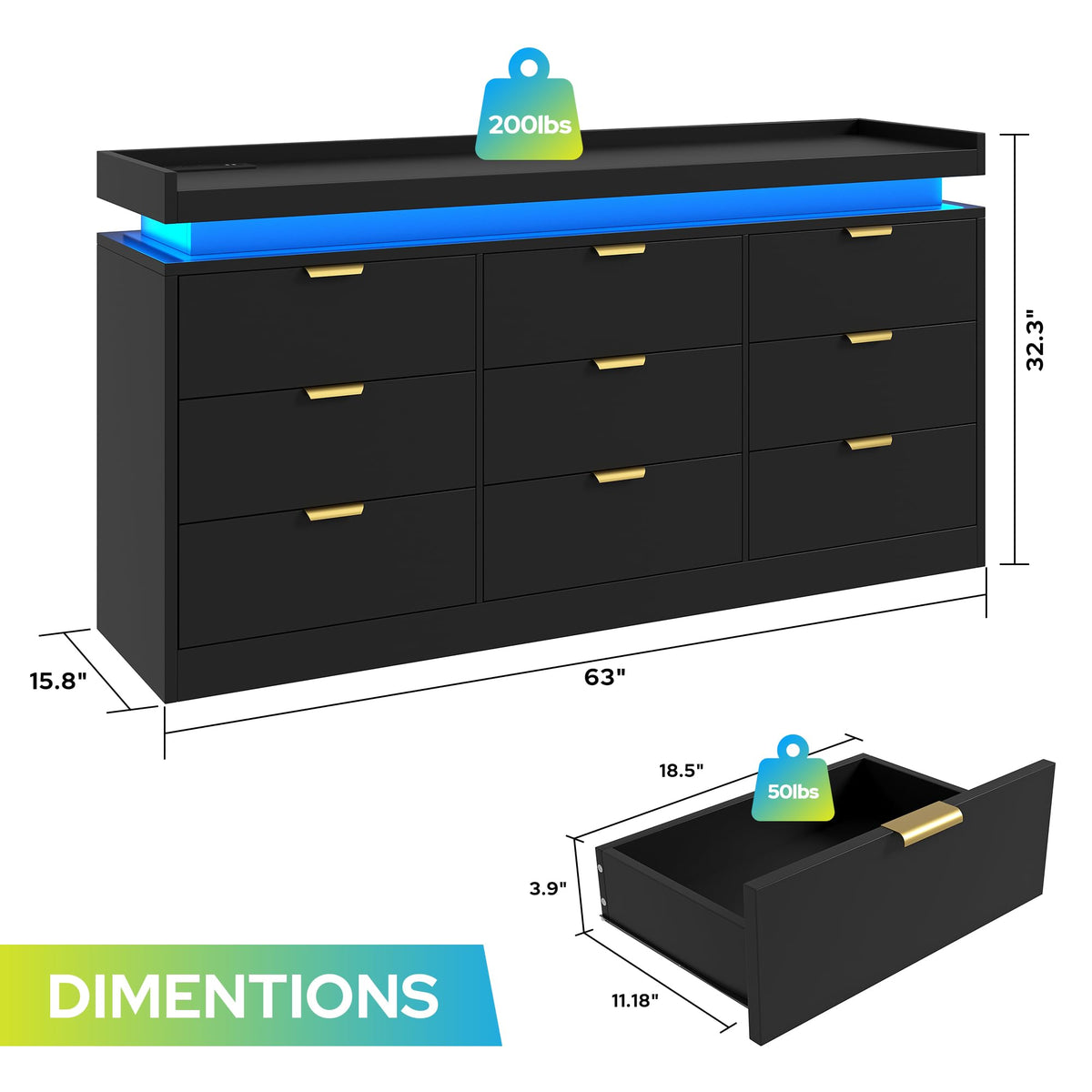 Black 9 Drawer Wood Dresser with LED Lights and Power Outlet E9503
