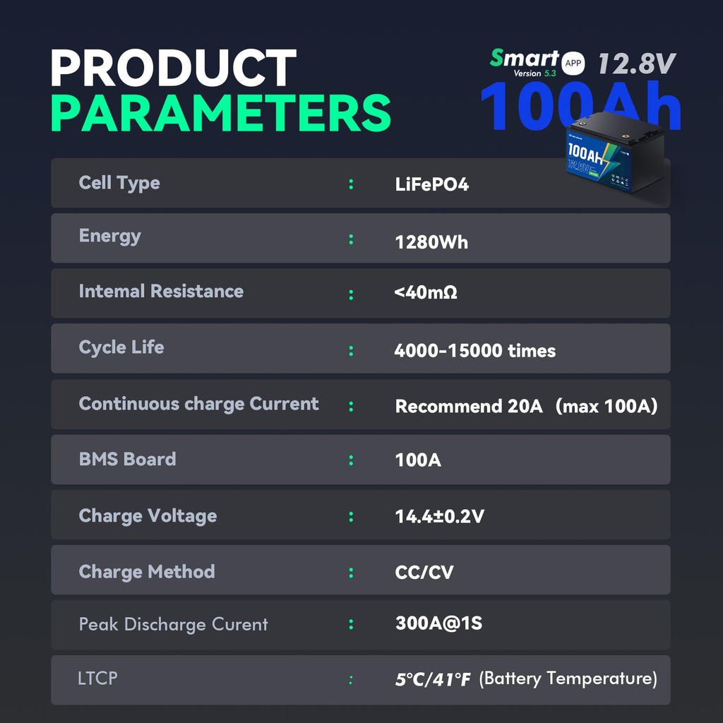 12V 100Ah Bluetooth LiFePO4 Battery W1383