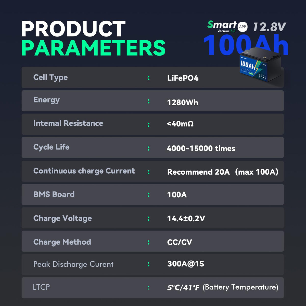 12V 100Ah Bluetooth LiFePO4 Battery W1383