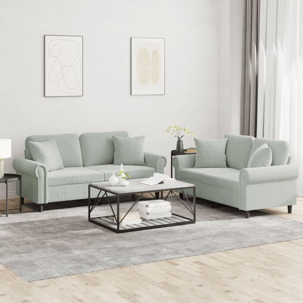 Light Gray Velvet 2 Piece Sofa Set with Throw Pillows X488403