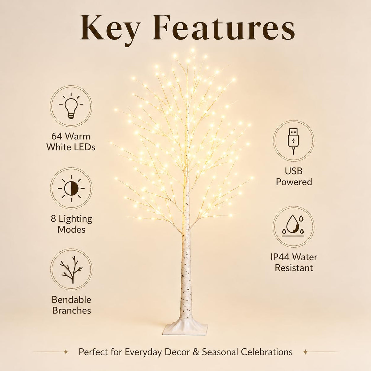 4FT 64 LEDs Birch Tree with Lights K830