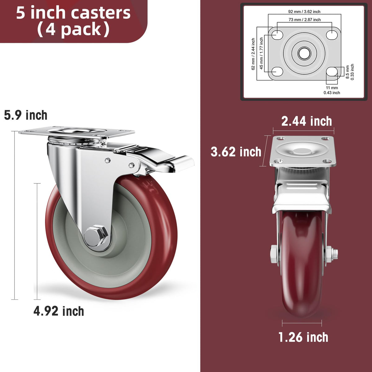 5" Heavy Duty Plate Casters with Brake, Set of 4 U258806
