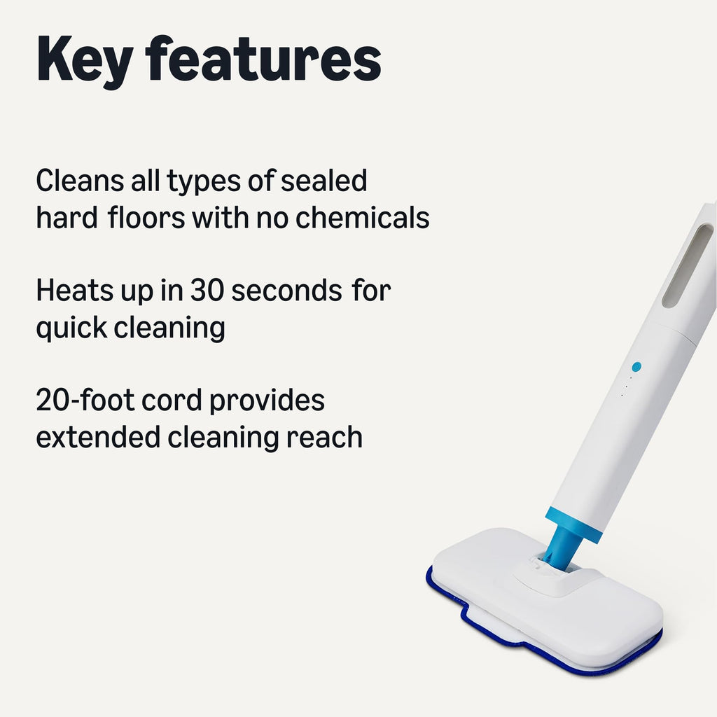 Steam Mop for Sealed Hard Floors, 3 Washable Pads, 20-Foot Cord, White K256664