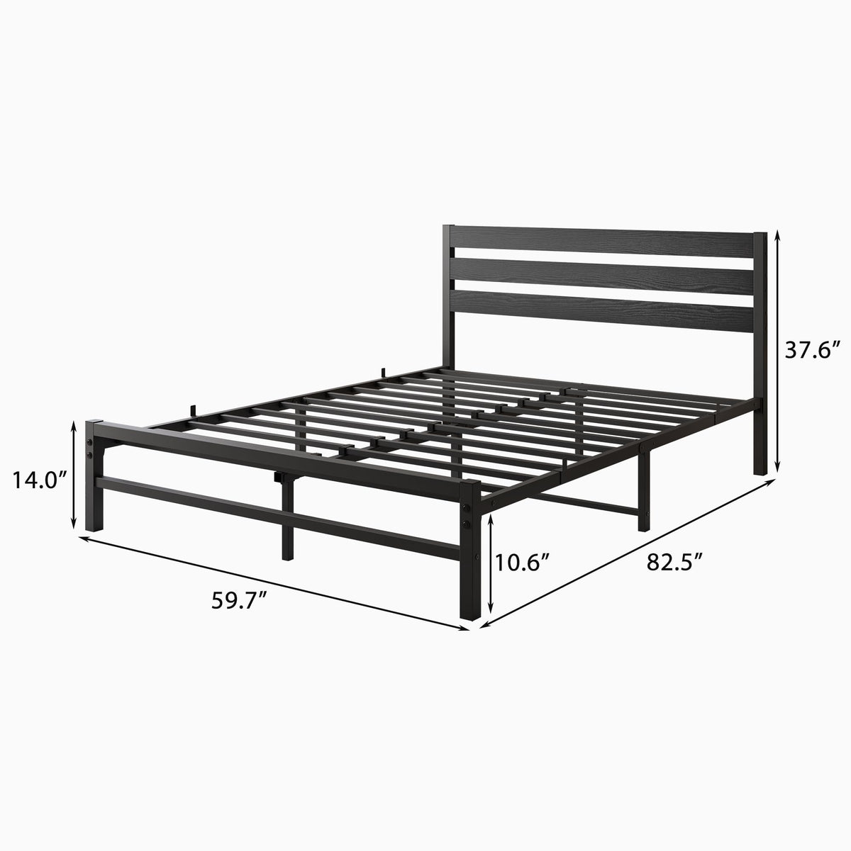 Queen Size Platform Bed Frame with Wood Headboard and Metal Slats, Black V722