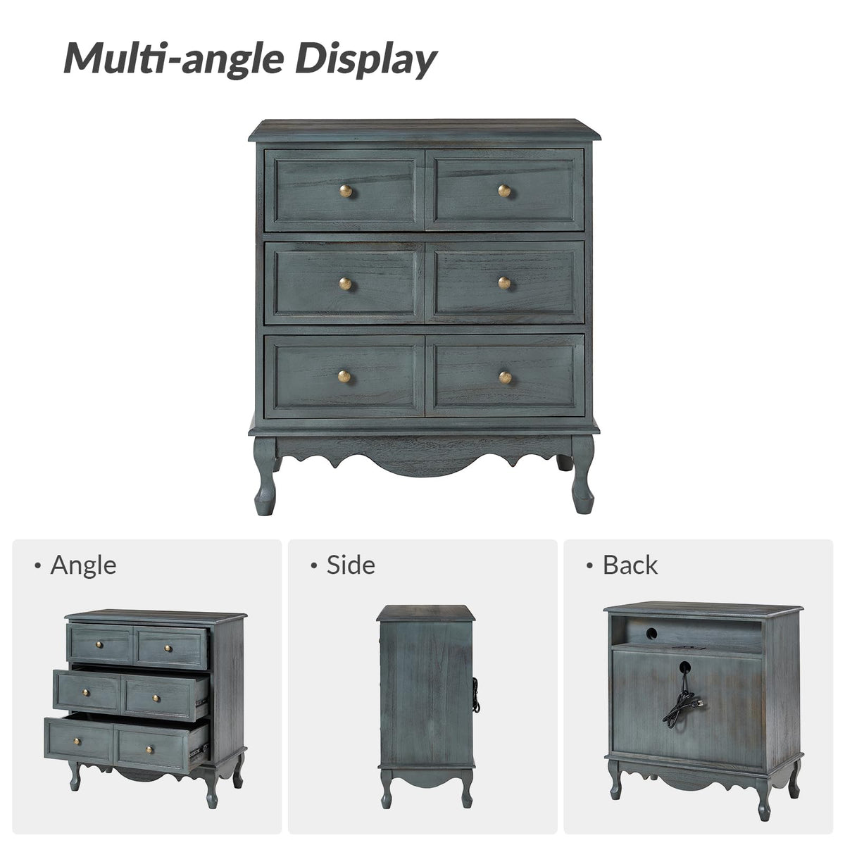 Blue 3-Drawer Nightstand with Charging Station W18264