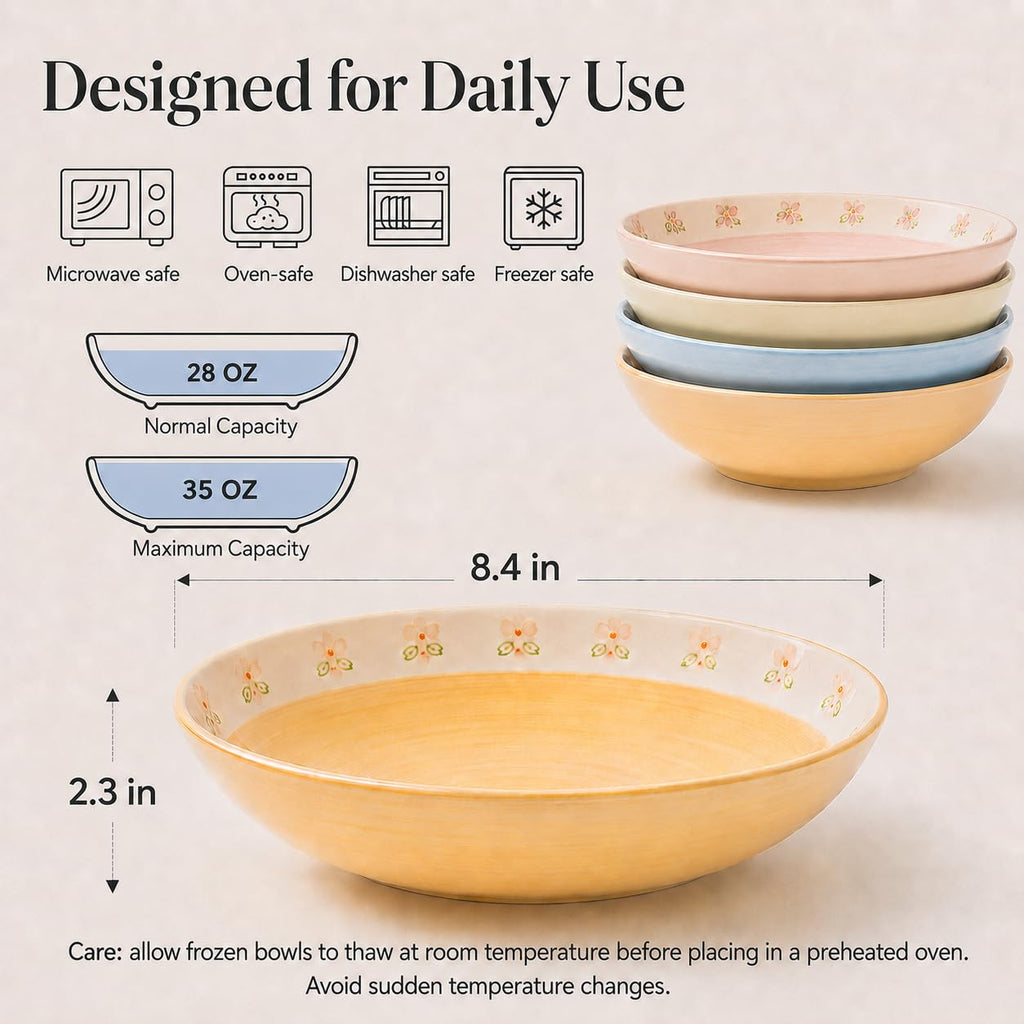 Hand-Painted Floral Ceramic Pasta Bowls Set of 4 C44701