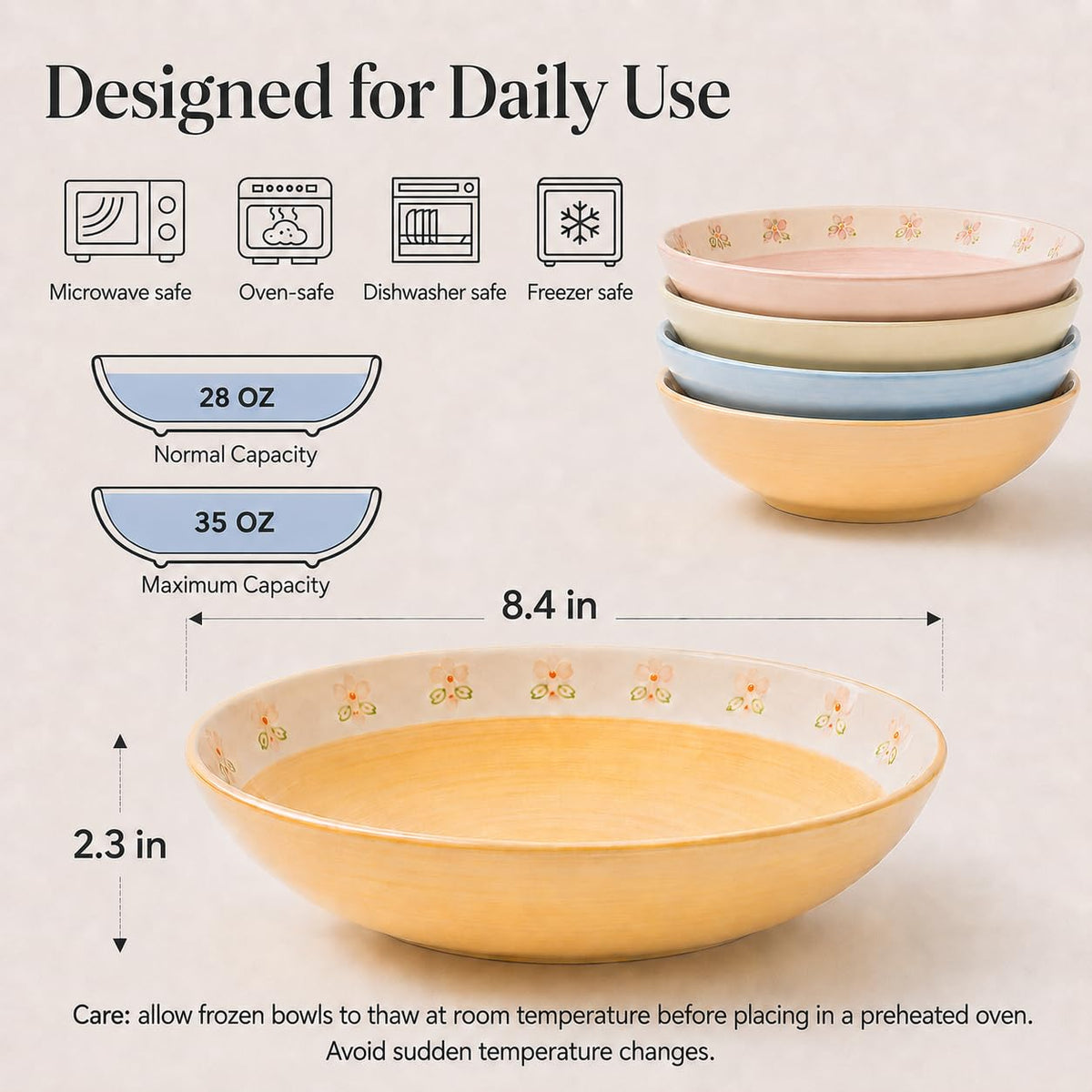 Hand-Painted Floral Ceramic Pasta Bowls Set of 4 C44701