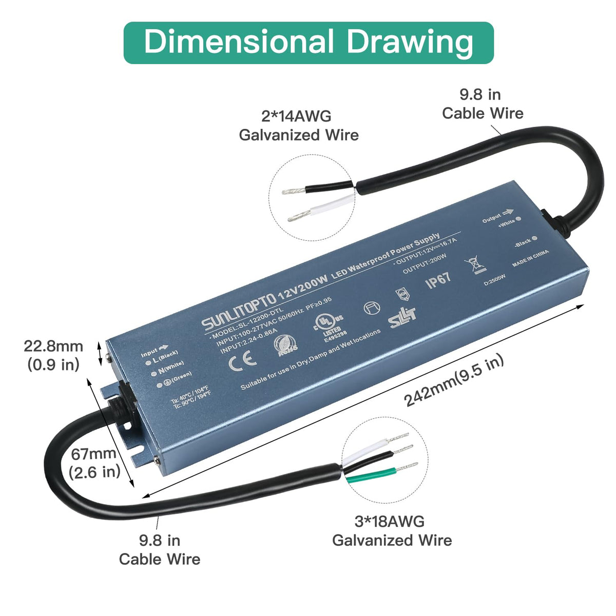 200W IP67 Waterproof LED Driver Power Supply Transformer J1421