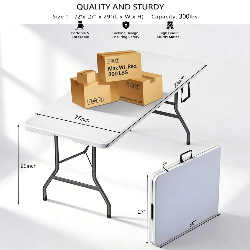 6FT White HDPE Folding Table with Carry Handle W302889