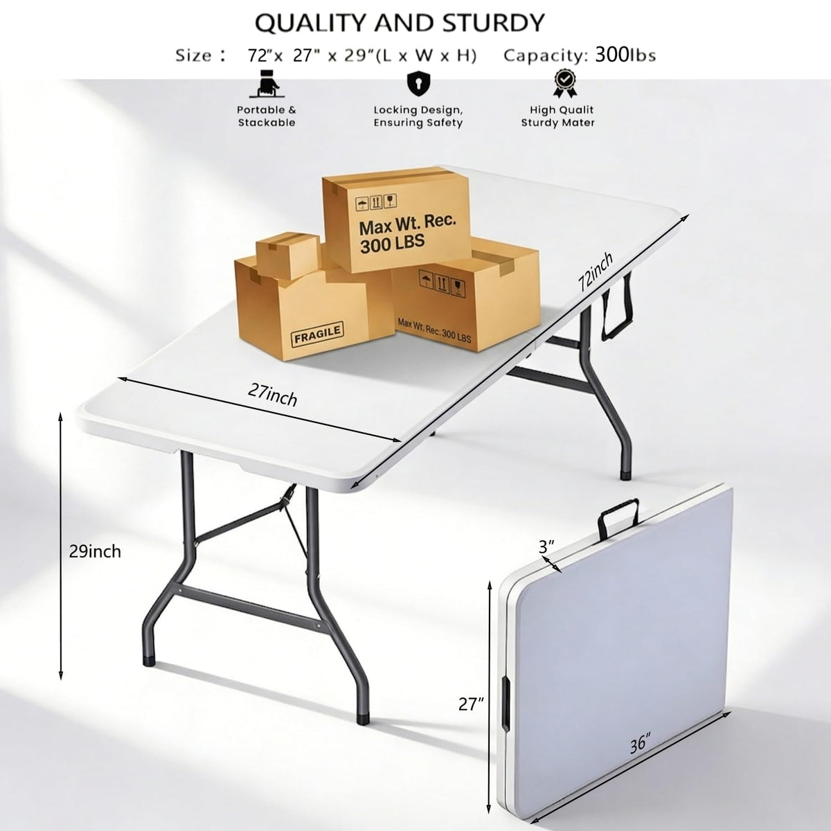 6FT White HDPE Folding Table with Carry Handle W302889