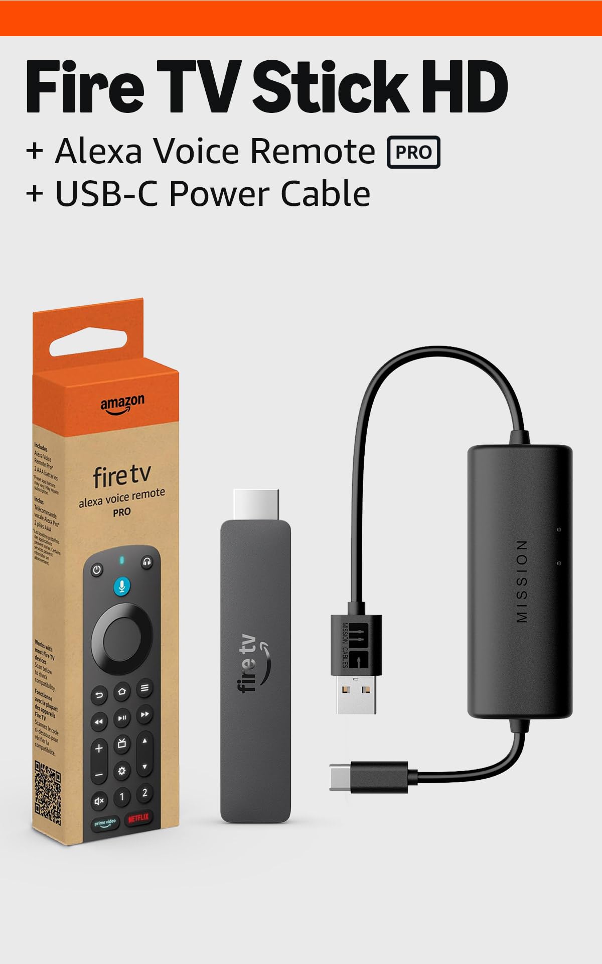 Fire TV Stick HD with Alexa Voice Remote Pro and USB-C Power Cable Z1633