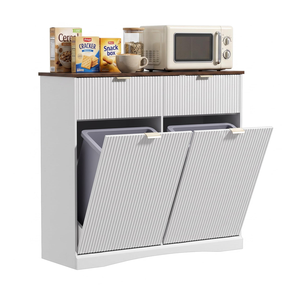 Double Tilt Out Trash Cabinet, 2x10 Gallon Fluted Hidden Laundry Hamper with Drawers, White and Dark Walnut S5731