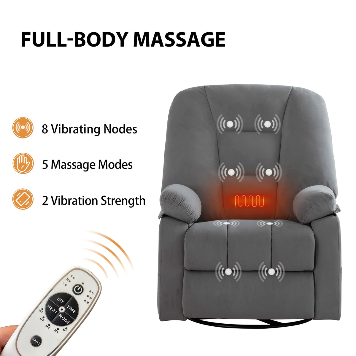 Velvet Grey Power Swivel Rocker Recliner with Massage and Heat W568