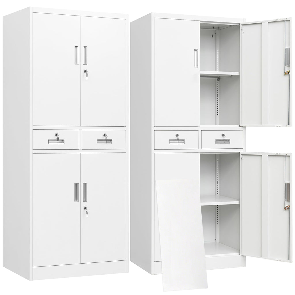 White Metal Storage Cabinet with 2 Drawers 4 Doors and Lock F266