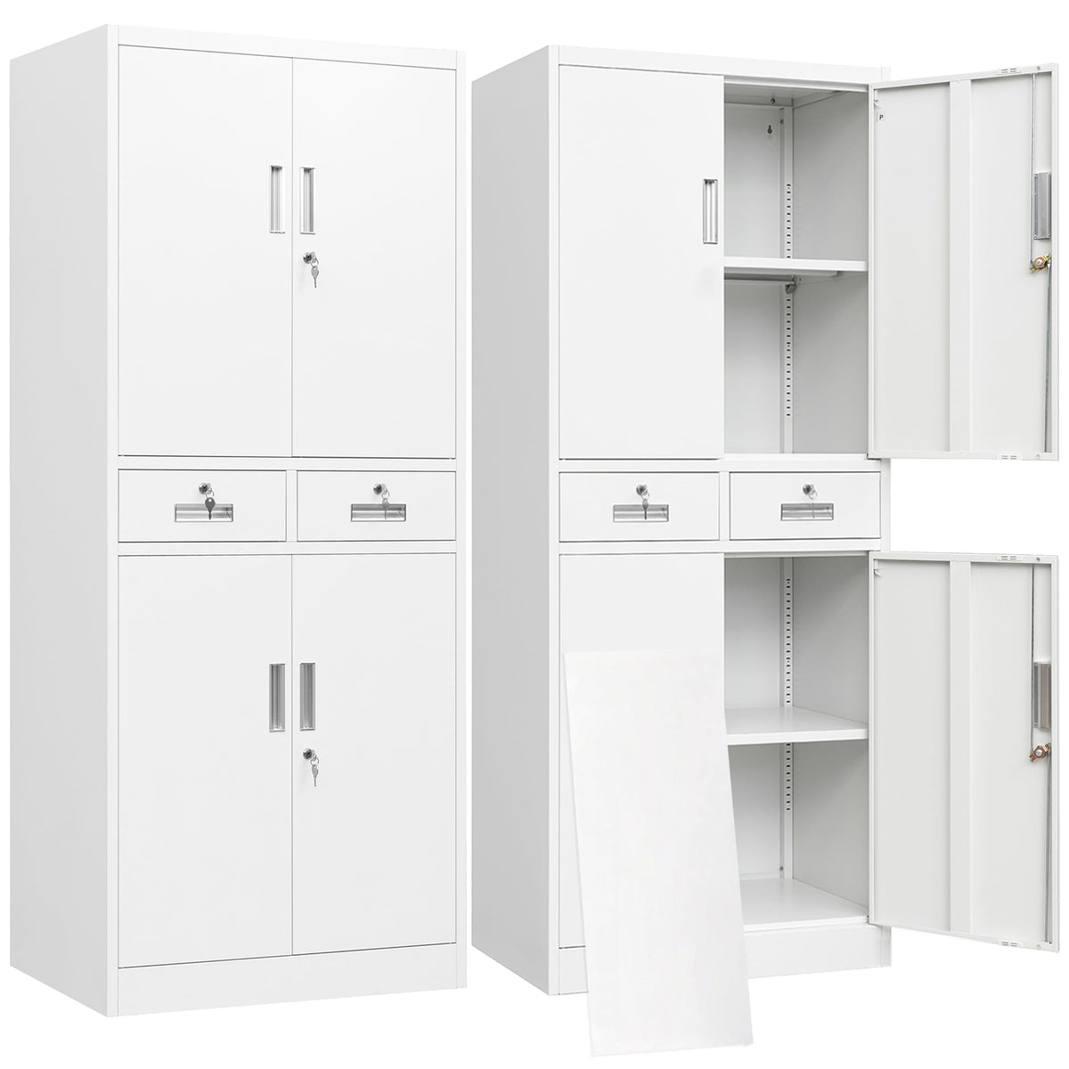 White Metal Storage Cabinet with 2 Drawers 4 Doors and Lock F266
