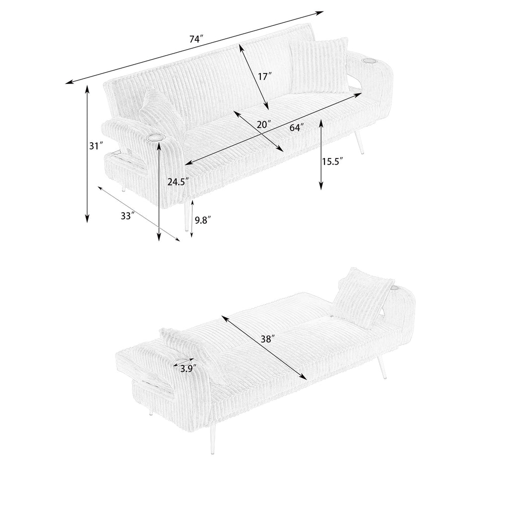 74" Pink Corduroy Convertible Sofa Bed with Cup Holder E184