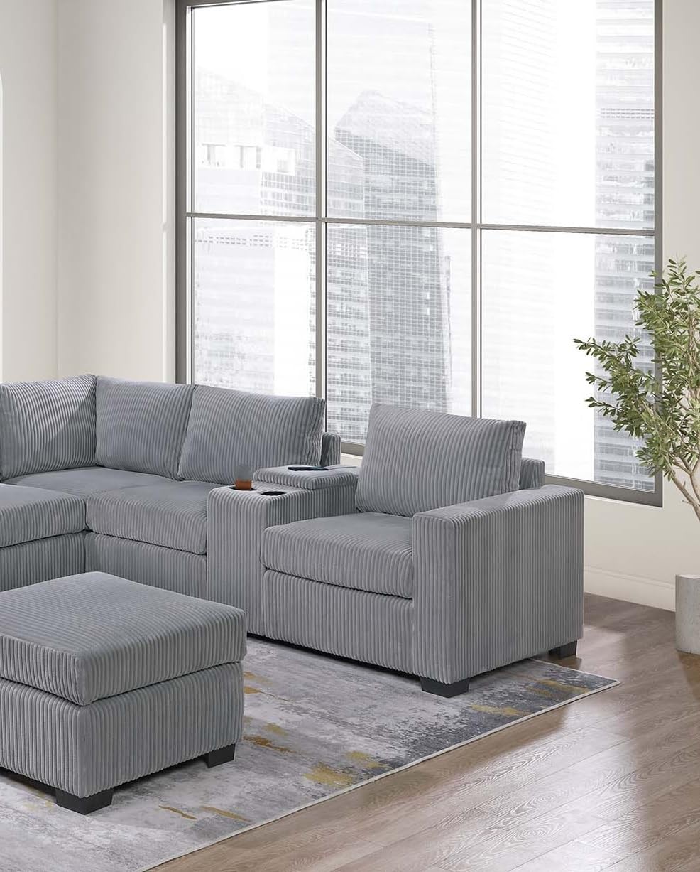 Light Gray Corduroy Upholstered Sectional Sofa Set U5583