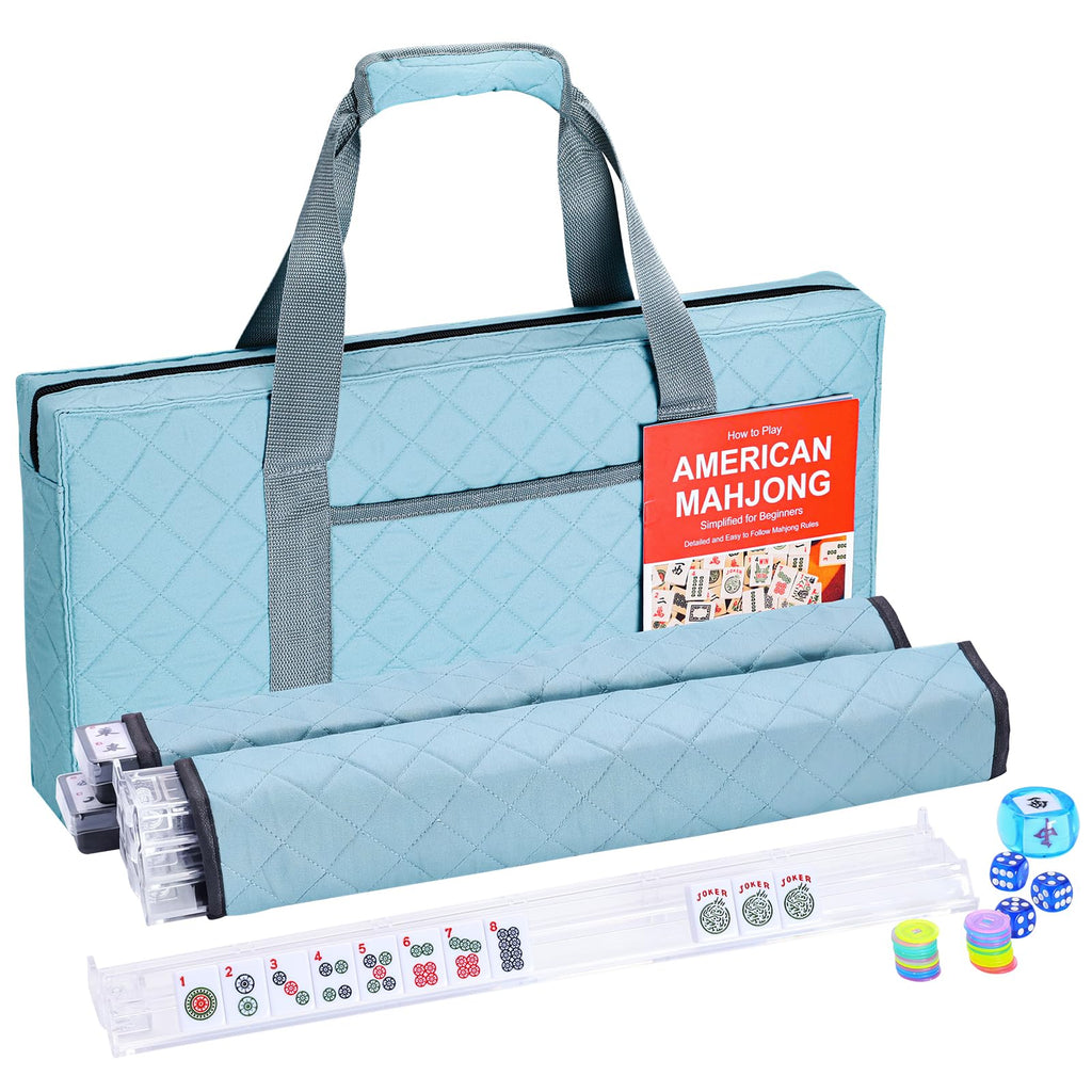 166 White Mahjong Tile Set with 4 Racks and Blue Carrying Bag M385747
