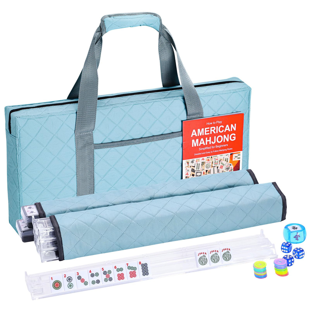 166 White Mahjong Tile Set with 4 Racks and Blue Carrying Bag M385747