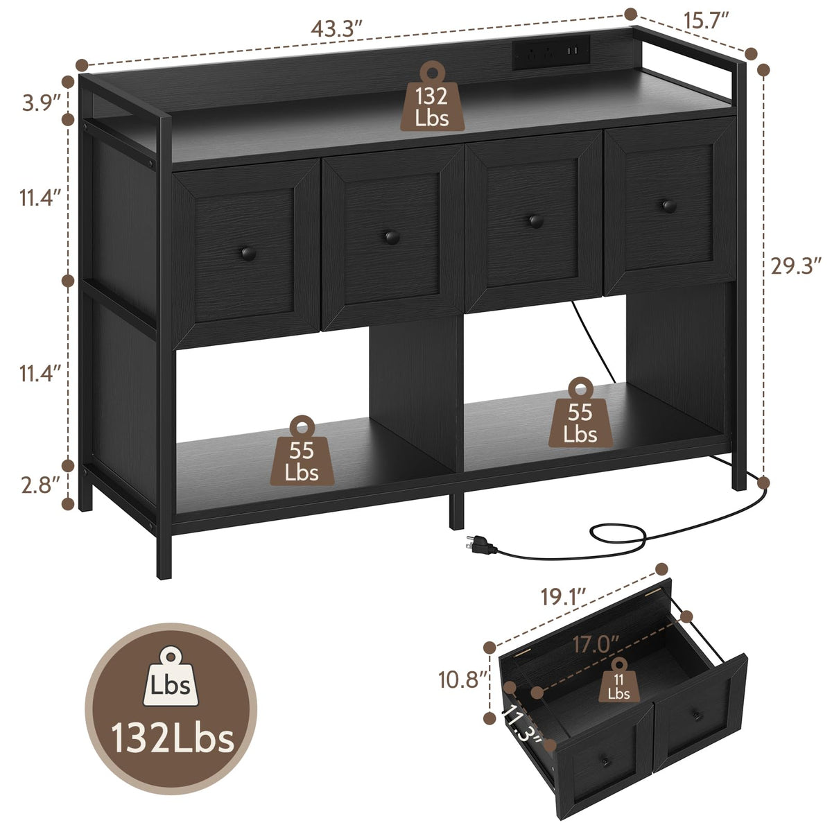 Black 2 Drawer Wood File Cabinet with Power Outlet J748