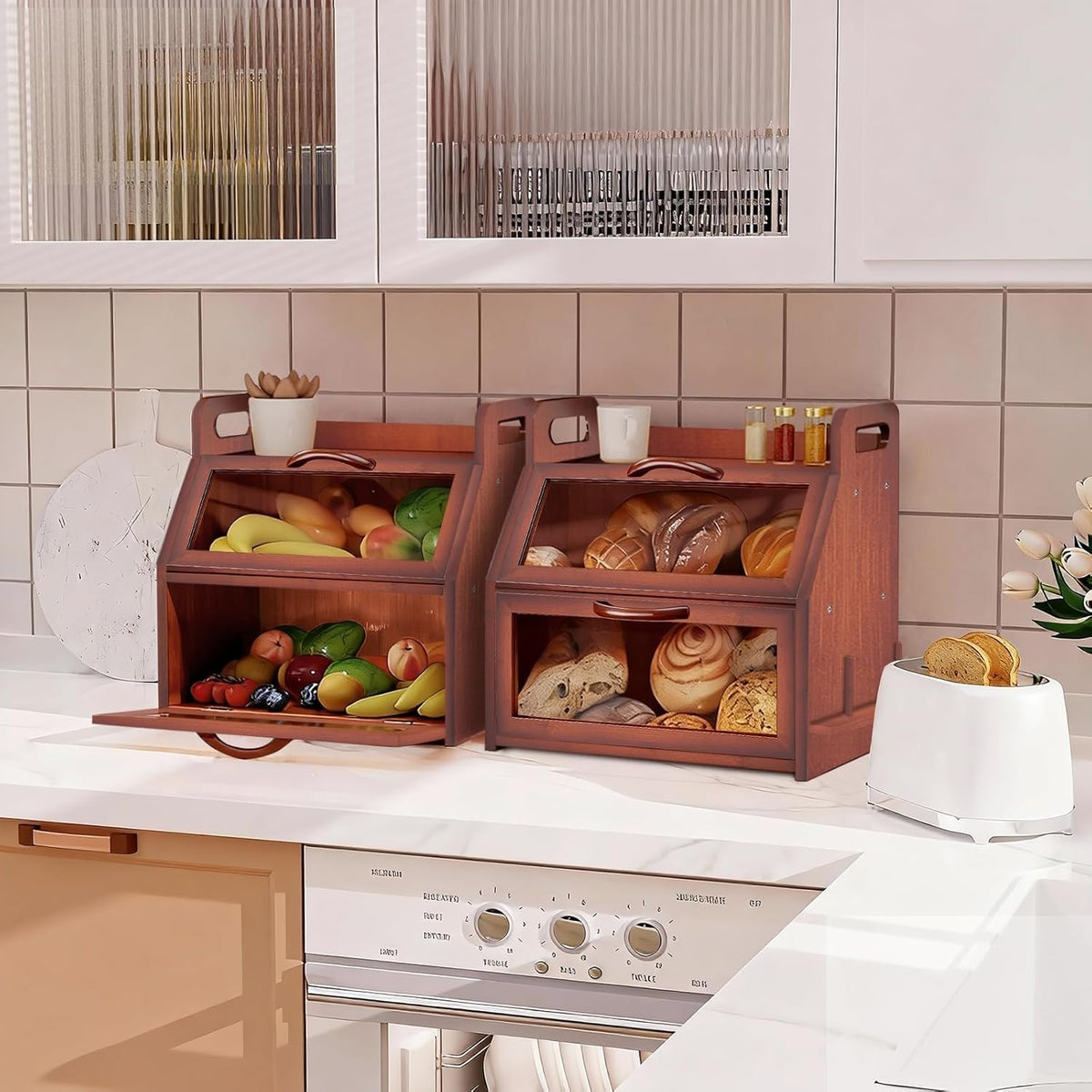 Large Double Layer Bamboo Bread Box with Clear Window B365884