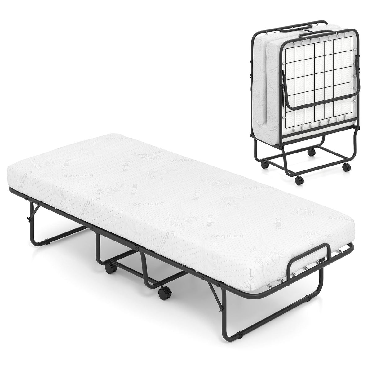 Folding Bed with Mattress, Cot Size Gel Memory Foam Metal Frame R94564