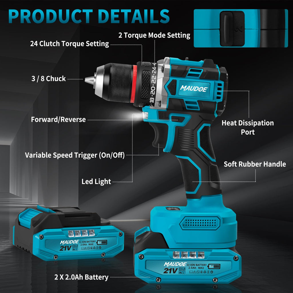 21V Brushless Cordless Drill with 2 Batteries & Charger O63413