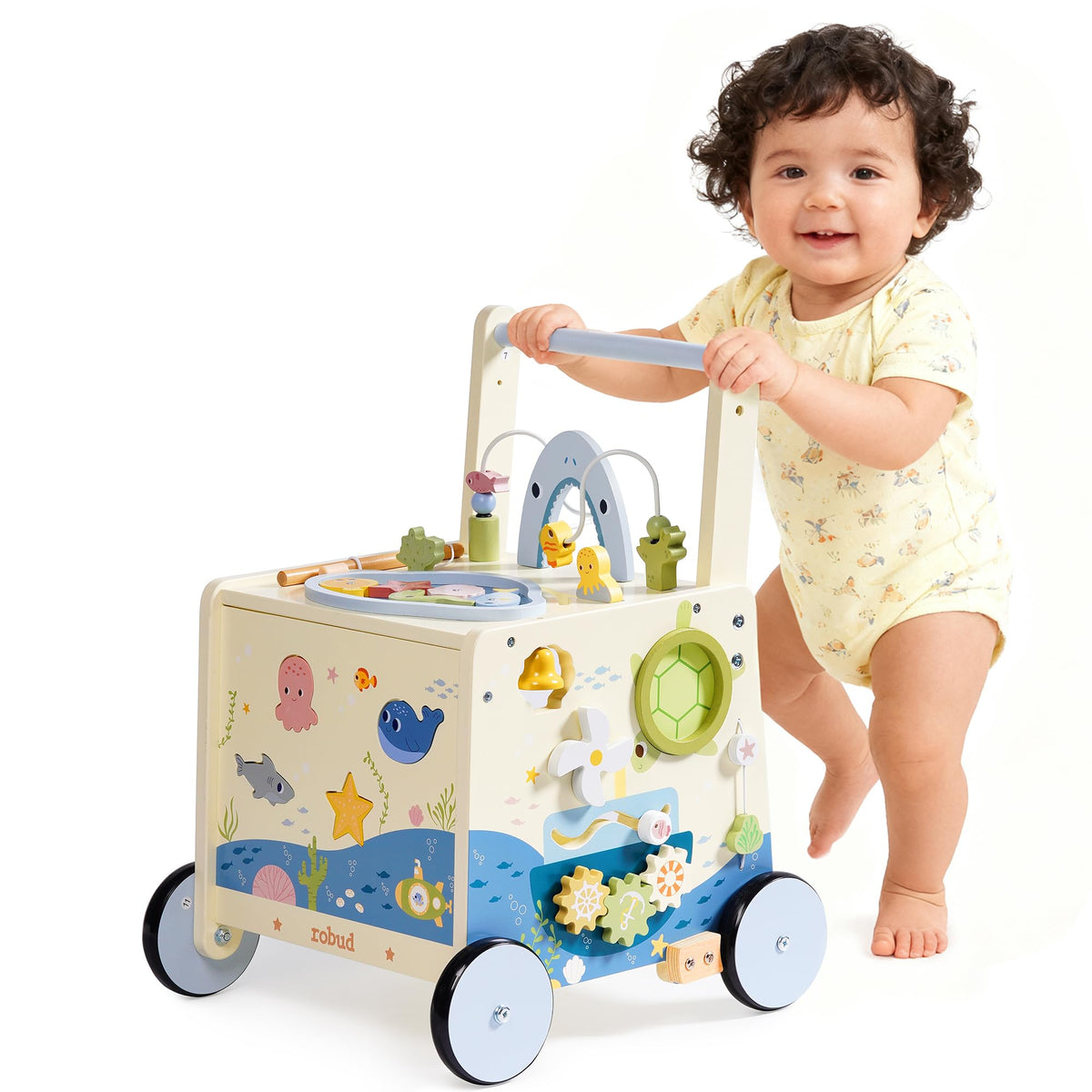 Wooden Baby Walker Push Toy with Fishing Game, Music, Storage W341