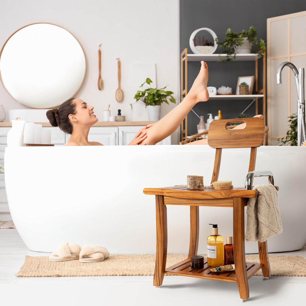 Teak Shower Bench with Handles and Backrest C4552