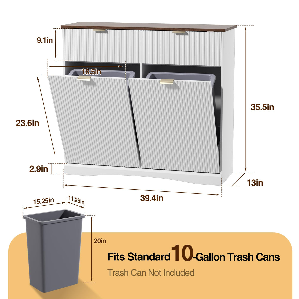 Double Tilt Out Trash Cabinet, 2x10 Gallon Fluted Hidden Laundry Hamper with Drawers, White and Dark Walnut S5731